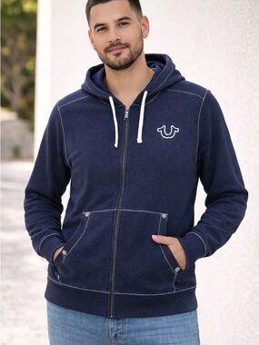 True Religion Men's Navy Zip-Up Hoodie Sweatshirt - 2XL